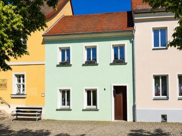 Bild 1 Stra�enansicht (KI-optimiert) Drebkau Reihenmittelhaus Mein neues Zuhause - historisch, modern und gepflegt!