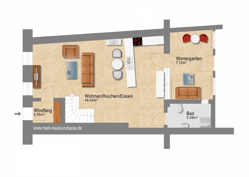 Grundriss Erdgeschoss Reihenmittelhaus Drebkau